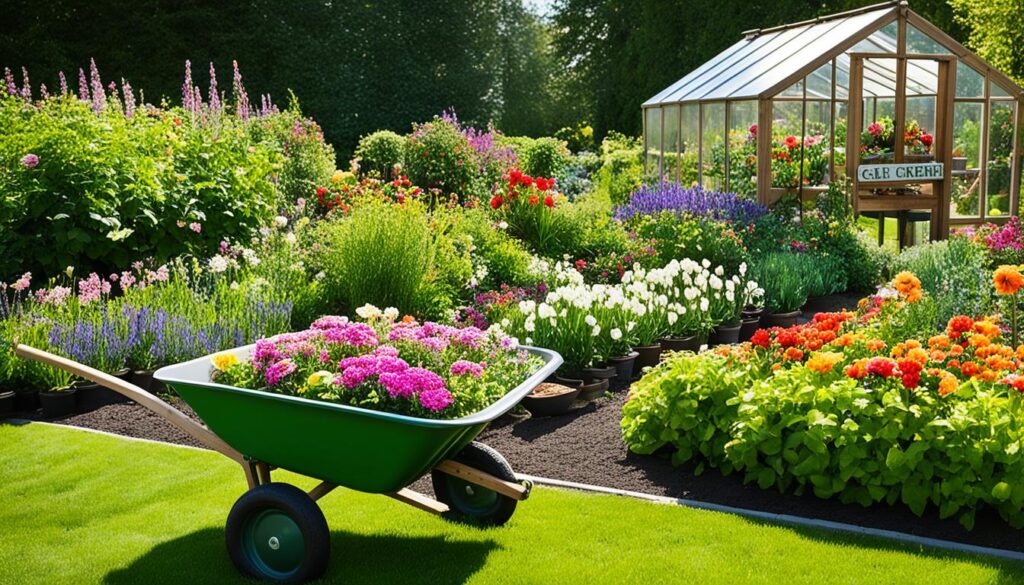 A lush green garden with a wooden sign welcoming visitors. A wheelbarrow filled with soil and gardening tools parked next to a neatly trimmed hedge